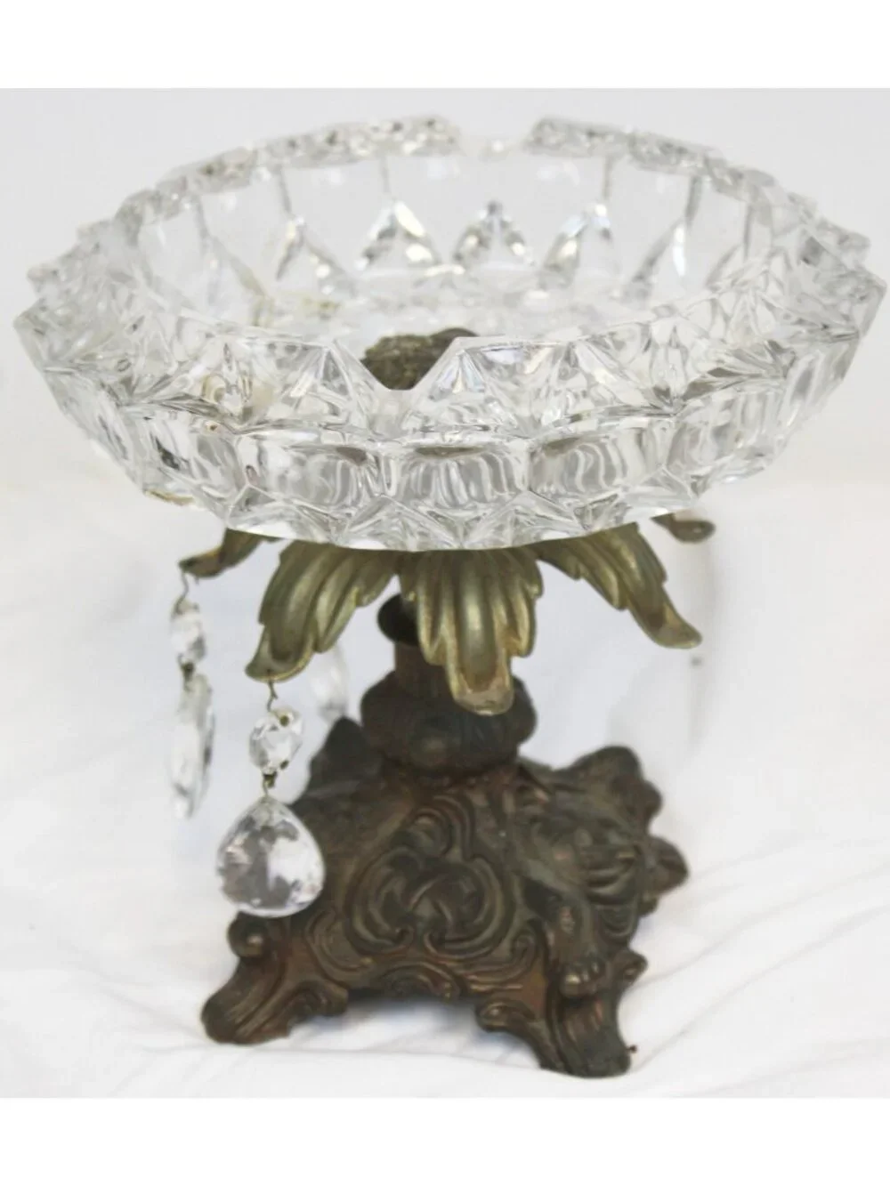 Vtg Hollywood Regency Footed Ash Tray Candy Nut Dish Compote Heavy Glass Metal